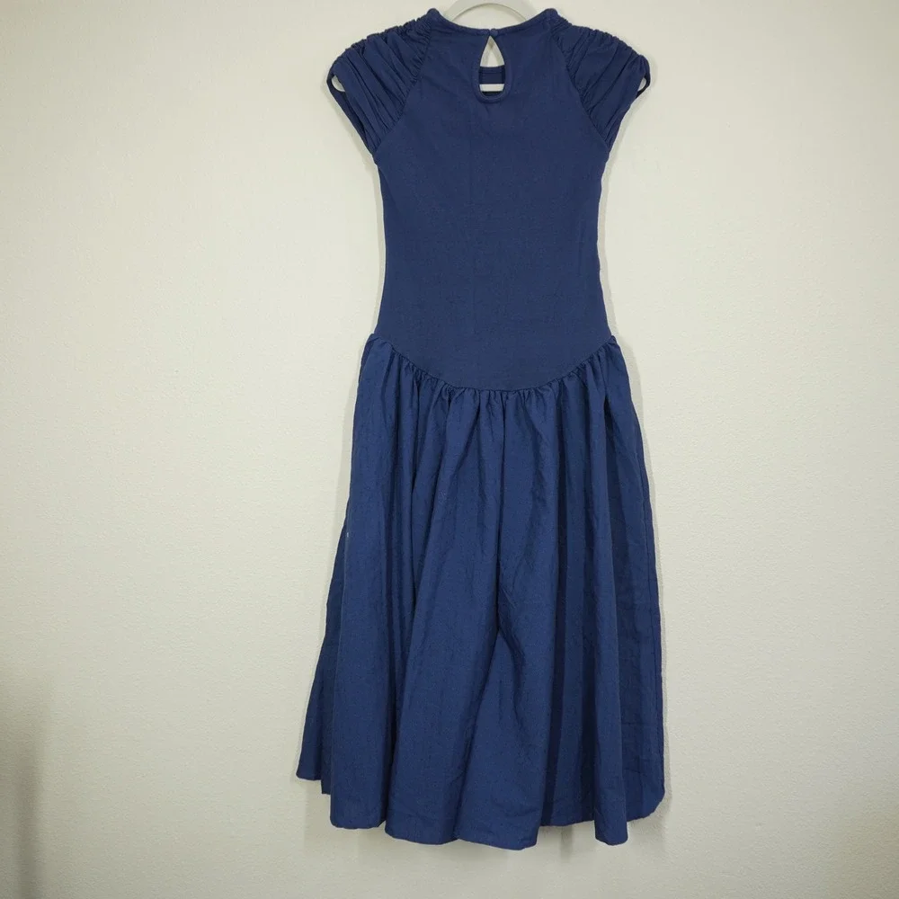 Free People XS Midi Dress Navy Blue Pleated Cap Sleeve Drop Waist Casual Daytime